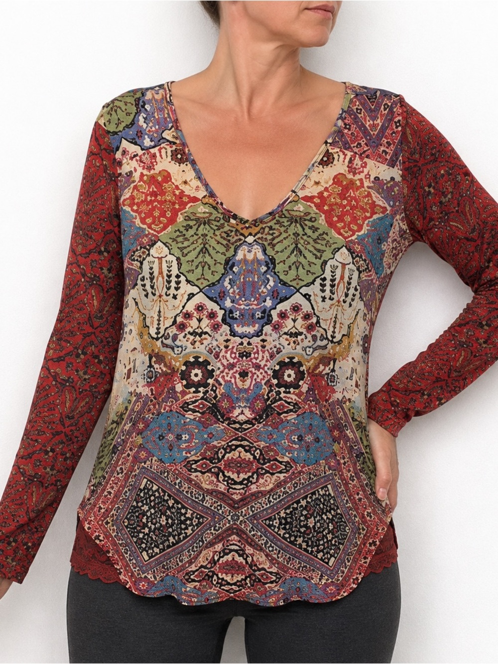 Hannah Womens XL Boho Tunic Top Multicolor Patchwork Print Long Sleeve Lace
